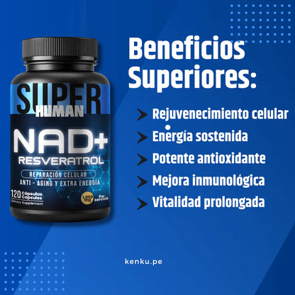 NAD + Resveratrol -  Reparación Celular Antienvejecimiento y Energía Extra (60 Cápsulas) - SuperHuman™