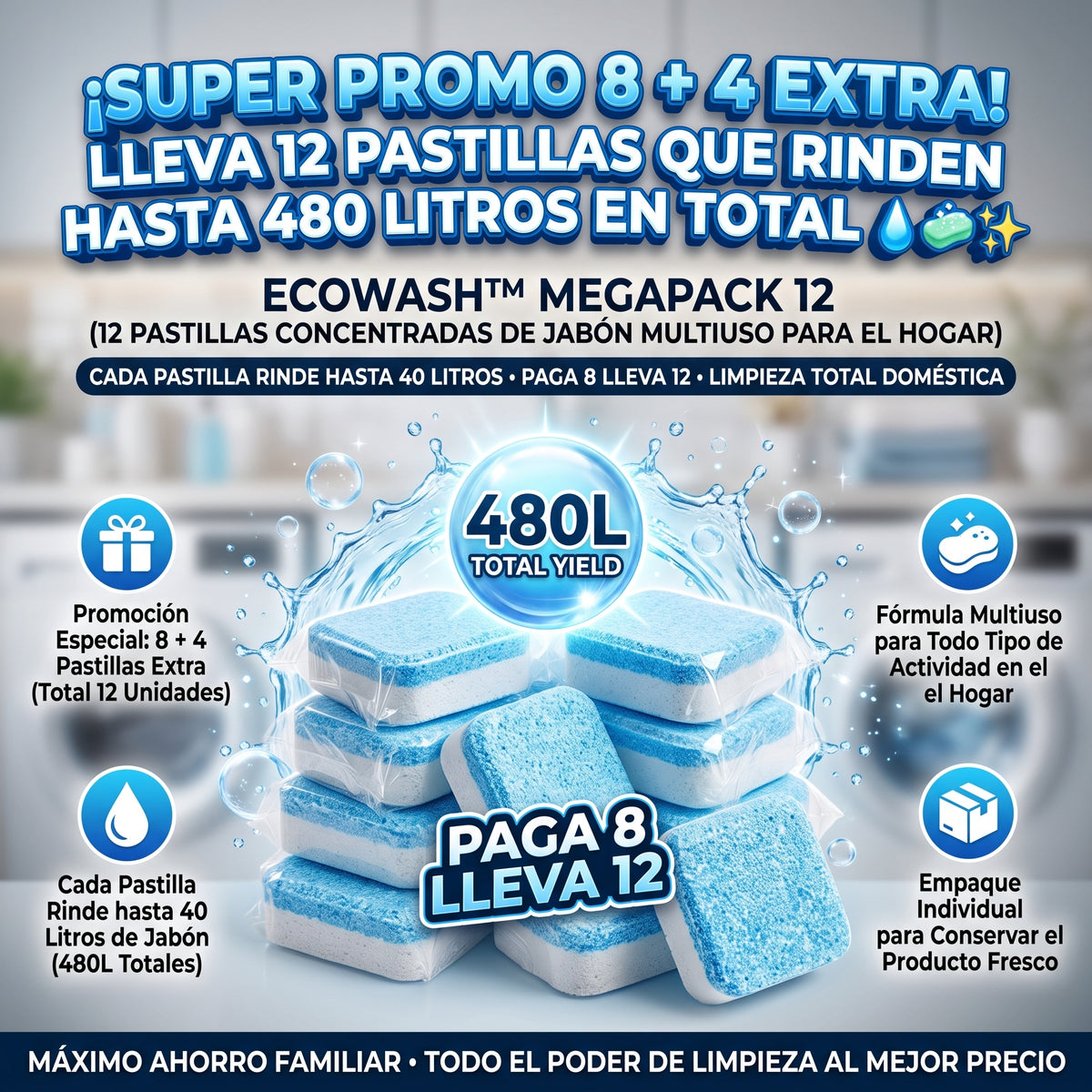 ECOWASH™ Pack 8+4 Pastillas de Jabón Concentrado Multiuso