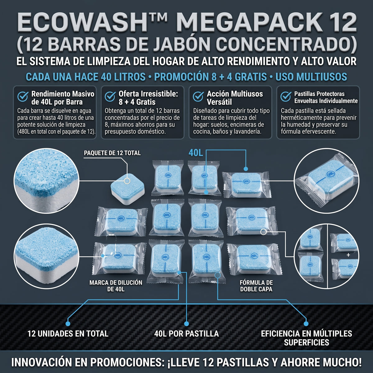 ECOWASH™ Pack 8+4 Pastillas de Jabón Concentrado Multiuso