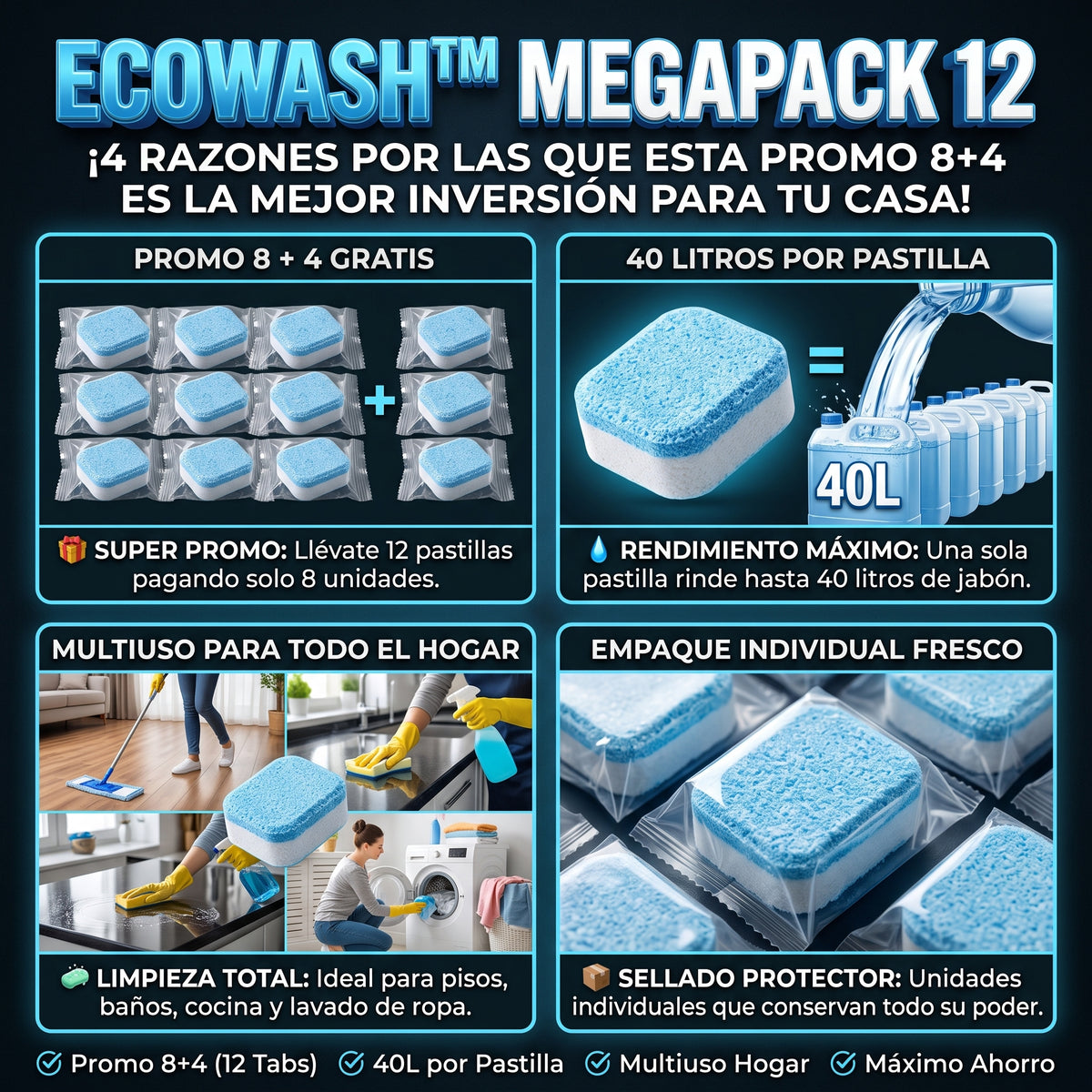 ECOWASH™ Pack 8+4 Pastillas de Jabón Concentrado Multiuso