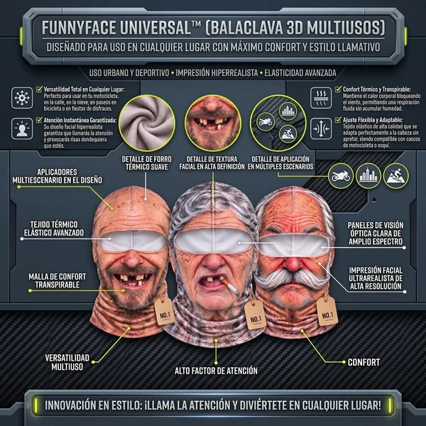 FUNNYFACE™ Pasamontañas Divertido de Rostro Realista 2x1