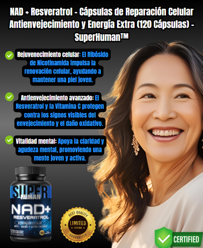 NAD + Resveratrol -  Reparación Celular Antienvejecimiento y Energía Extra (60 Cápsulas) - SuperHuman™